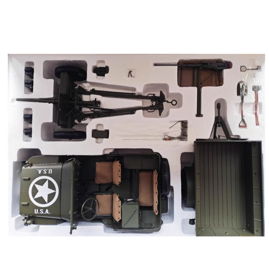PREMIUM X 1943 Jeep Wells MB Trailer M3 Anti Tank Set Olive green 1:8 DIECAST Tank