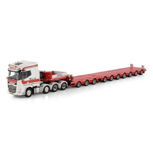 1:50 DAF MUD GROND - EN XG + 8X4 SL LOW LOADER W/ 3 AXLE DOLLY 7 AXLE WSI Diecast Model