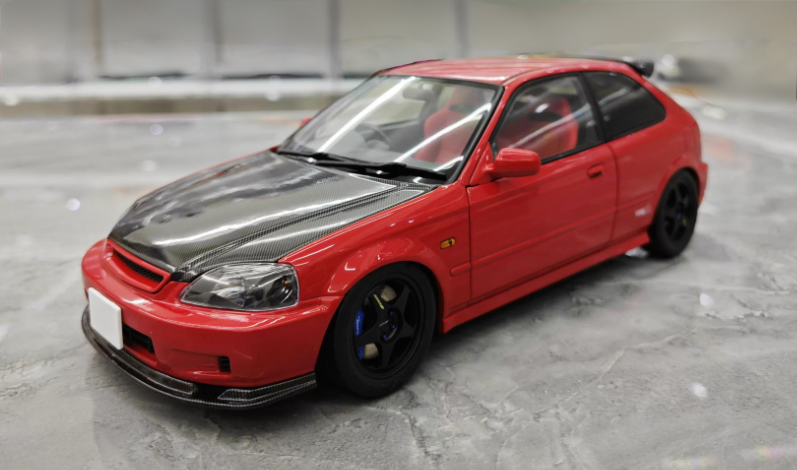 Motorhelix Honda Civic Type R EK9 Milan Red/Carbon Fiber Head Cover Limited Edition 599PCS ONLY 1:18 Car Pre-built Model view1
