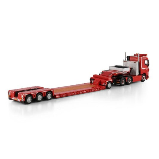 1:50 VOLVO LOONBEDRIJF VAN ETTEN FH5 6X4 LOW LOADER W/ 1 AXLE DOLLY 3 AXLE WSI Red Diecast Model