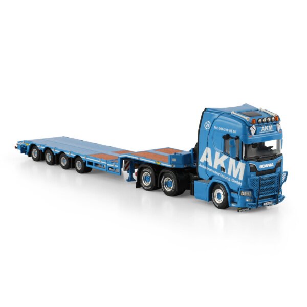 1:50 SCANIA AKM S CS20H 6X4 SEMI LOW LOADER 4 AXLE WSI Blue Diecast Model