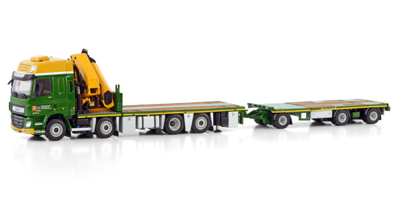 WSI  DAF CF SPACE CAB MY2017 RIGED FLAT BED TRUCK WITH PALFINGER PK 65002 SH + JIB 8X2 TAG AXLE FLAT BED TRAILER - 3 AXLE Boerman 1:50 Truck Pre-built Model