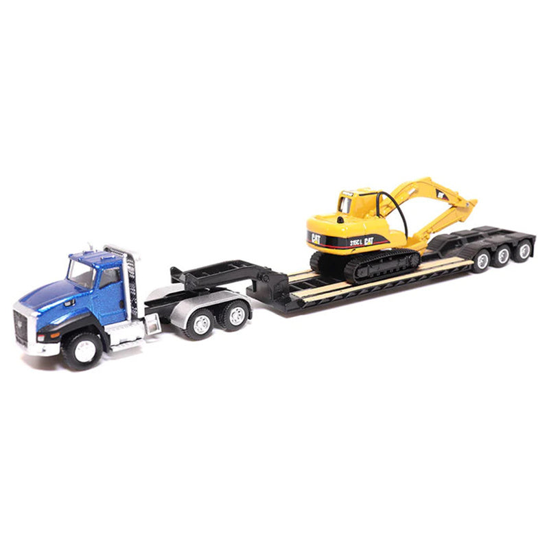 1:87 Cat  Excavator w/ Blue Lowboy Trailer Caterpillar Set  Diecast Model