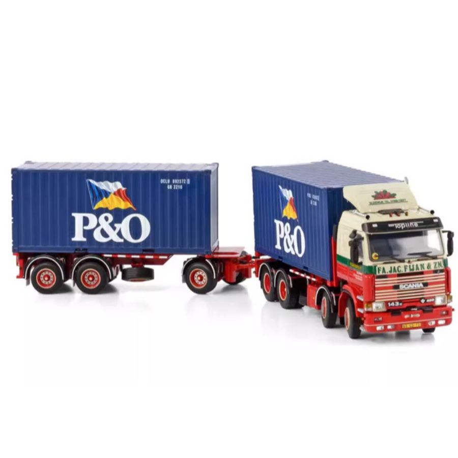 WSI SCANIA 3 SERIES 8X2 TAG AXLE RIGED DRAWBAR CONTAINER COMBI - 7 AXLE + 2X 20FT CONTAINER FA. JAC. FIJAN & ZN. 1:50  DIECAST Truck Lorry