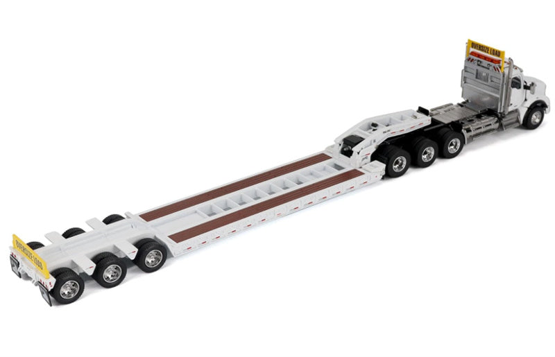 CATERPILLAR Kenworth T880 SBFA Daycab Tridem Tractor in White with Trail King TK120 HDG Lowboy Trailer 1:50 Truck Pre-built Model