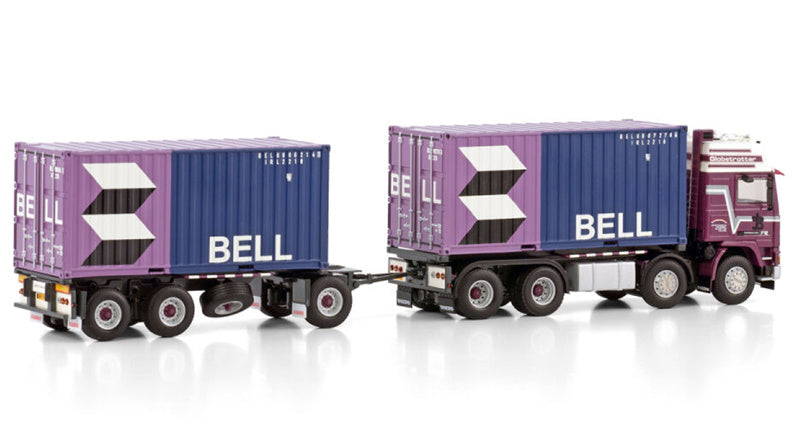 WSI VOLVO F12 GLOBETROTTER RIGED CONTAINER TRUCK 8X2 TAG AXLE CONTAINER DRAWBAR TRAILER - 3 AXLE + 2X 20FT CONTAINER Jan de Bakker Bell 1:50 Model