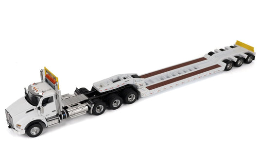 CATERPILLAR Kenworth T880 SBFA Daycab Tridem Tractor in White with Trail King TK120 HDG Lowboy Trailer 1:50 Truck Pre-built Model