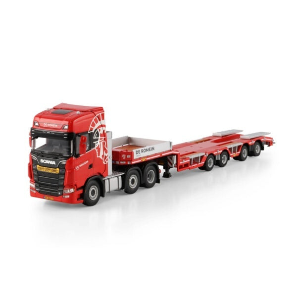 1:50 SCANIA DE ROMEIN GROEP S CS20H 6X2 SEMI WHEEL WELL LOW LOADER 4 AXLE WSI  Red Diecast Model