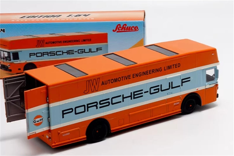 Schuco Mercedes Benz O317 Race Car Transporter Porsche Gulf Orange 1968 1:64 Car Pre-built Model