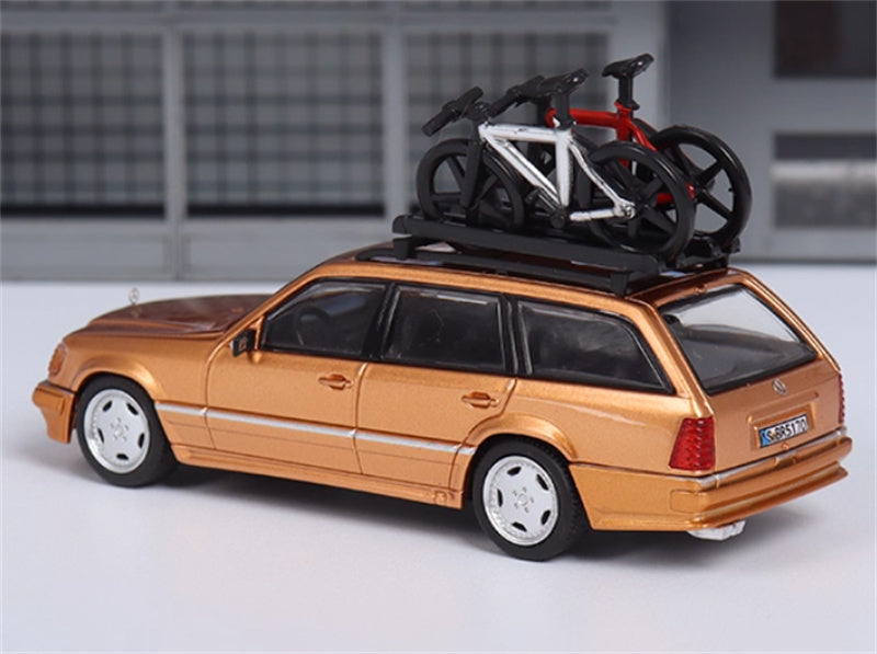 Mortal Mercedes Benz E-Class E300 station wagon S124 with 2 bicycles and luggage rack Gold - Silver Wheel Regular Edition Limited Edition 299PCS ONLY 1:64 Car Pre-built Model view3