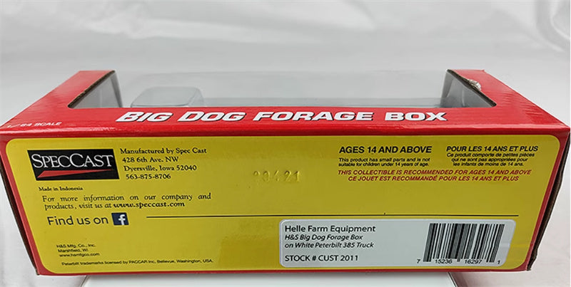SpecCast Helle Farm Equipment H&S Big Dog age Box on White Peterbilt 385 1:64 Truck Pre-built Model