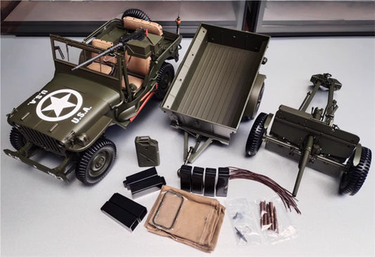 PREMIUM X 1943 Jeep Wells MB Trailer M3 Anti Tank Set Olive green 1:8 DIECAST Tank