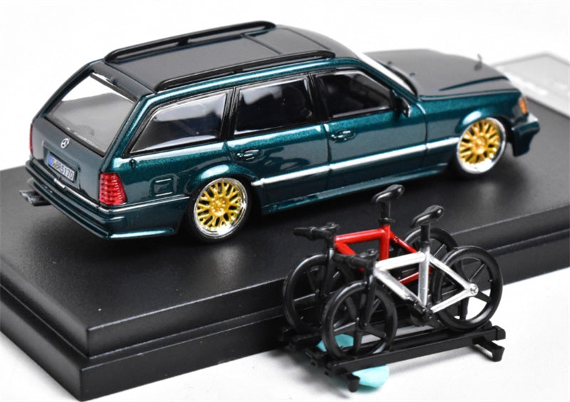 Mortal Mercedes Benz E-Class E300 station wagon S124 with 2 bicycles and luggage rack Green - Golden Wheel low slung version Limited Edition 499PCS ONLY 1:64 Car Pre-built Model view2