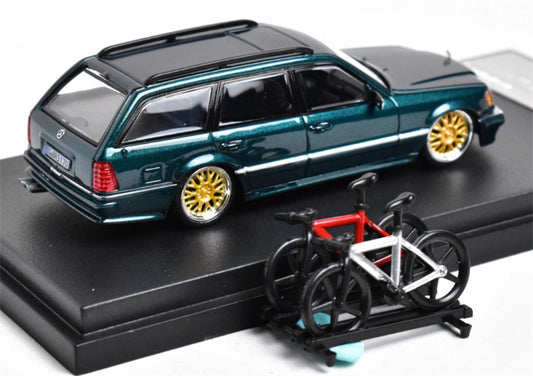 Mortal Mercedes Benz E-Class E300 station wagon S124 with 2 bicycles and luggage rack Green - Golden Wheel low slung version Limited Edition 499PCS ONLY 1:64 Car Pre-built Model view2