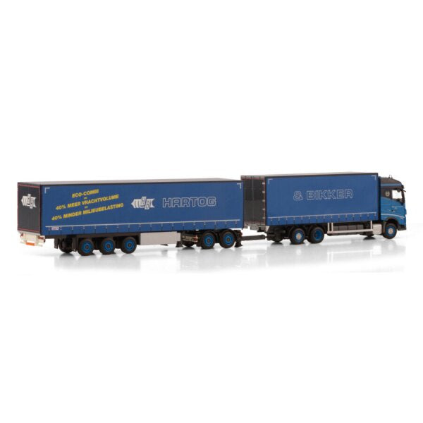 1:50 VOLVO Hartog & Bikker FH5 6X2 CURTAINSIDE TRAILER 3 AXLE + DOLLY LOW WSI Blue Diecast Model