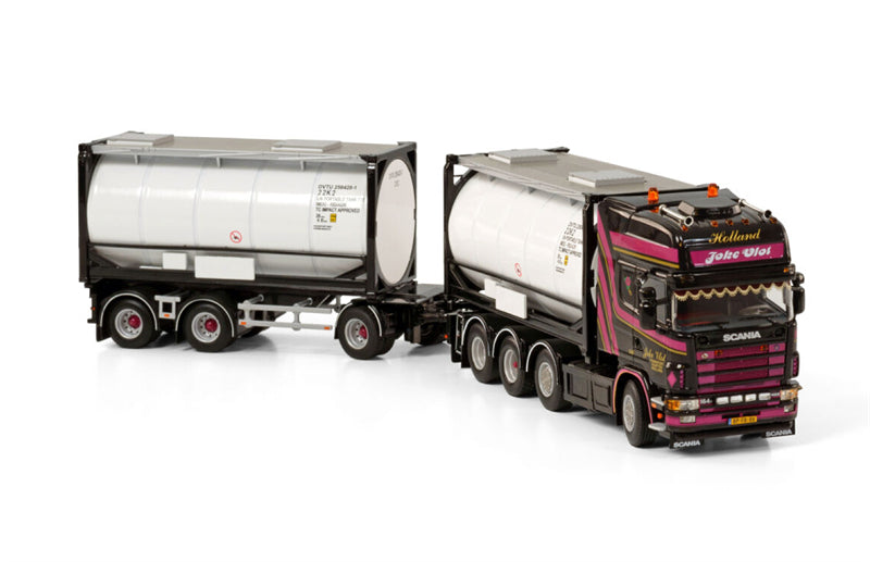 WSI SCANIA R4 TOPLINE 8X2 TAG AXLE RIGED DRAWBAR CONTAINER COMBI - 7 AXLE + 2X 20FT TANKCONTAINER Joke Vlot Transport 1:50 Truck Pre-built Model