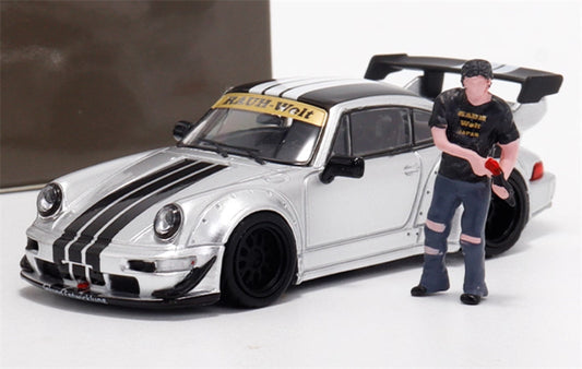 Star Model Porsche RWB 964 GT Tail Wing Edition Limited Edition Silver Black Line w/ Figure 1:64 Car Pre-built Model view1