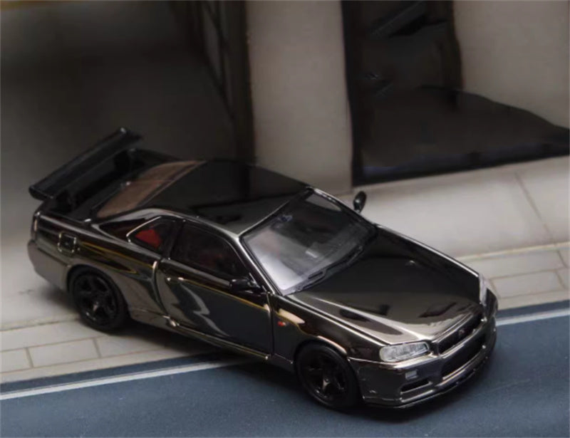 SW Nissan Skyline GTR BNR34 V-SPEC-II gray Limited Edition 299PCS ONLY 1:64 Car Pre-built Model view3