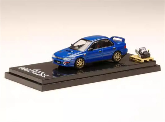 Hobby JAPAN SUBARU IMPREZA WRX (GC8) 1992 Customized Version with Engine Blue Golden Wheel 1:64 Car Pre-built Model view1