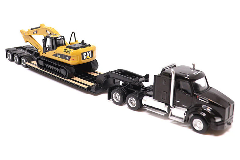 1:87 Cat  Excavator w/ Black Lowboy Trailer Caterpillar Set Diecast Model