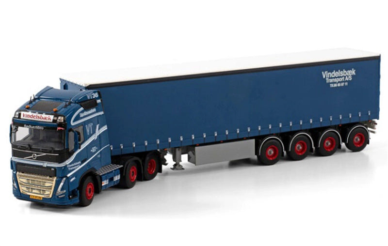WSI VOLVO FH5 GLOBETROTTER 6X2 TWIN STEER CURTAINSIDE TRAILER - 4 AXLE VINDELSBAEK 1:50 Truck Pre-built Model