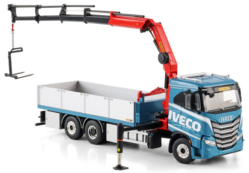 WSI IVECO S-WAY AS LOW RIGED FLATBED TRUCK 6X2 TAG AXLE WITH PALFINGER PK 24.001 SLD 5 Premium Line 1:50 Truck Pre-built Model