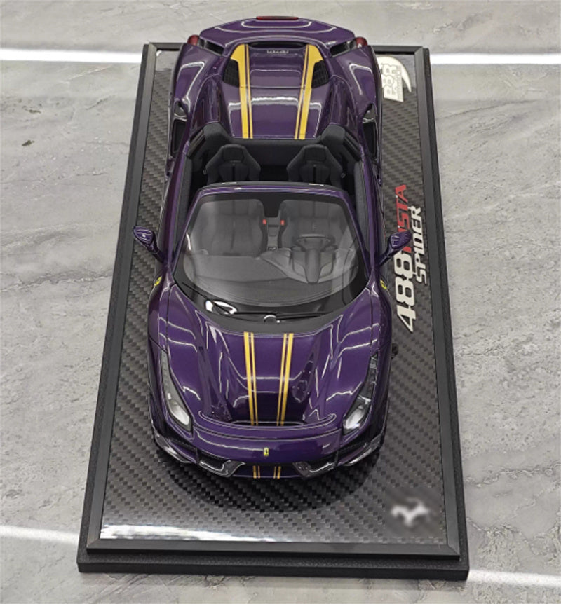 BBR MODELS FERRARI 488 Pista Spider convertible Hong Kong Metal Purple Double yellow Strip Black wheels Carbon fiber base Limited Edition 28PCS ONLY 1:18 Car Pre-built Model view6