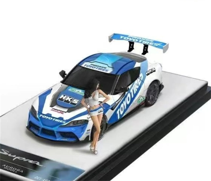 AURORA MODEL Toyota Supra A90 Blue White HKS w/ Doll Version Oriental Tires 1:64 car Pre-built Model view1