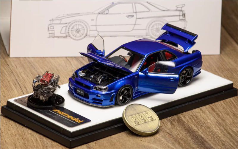 1:43 Nissan GTR Nismo R34 Z-TUNE  Metal Blue  PGM x onemodel Regular Edition White base w/ engine Limited Edition 688PCS ONLY DIECAST Car Model