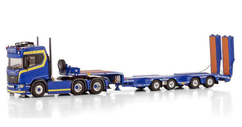 WSI SCANIA R NORMAL CR20N 6X2 TAG AXLE SEMI WHEEL WELL LOW LOADER - 4 AXLE JB BILBARGNING 1:50 Model