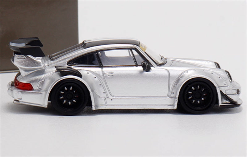 Star Model Porsche RWB 964 GT Tail Wing Edition Limited Edition Silver Black Line w/ Figure 1:64 Car Pre-built Model view3