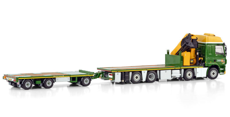 WSI  DAF CF SPACE CAB MY2017 RIGED FLAT BED TRUCK WITH PALFINGER PK 65002 SH + JIB 8X2 TAG AXLE FLAT BED TRAILER - 3 AXLE Boerman 1:50 Truck Pre-built Model