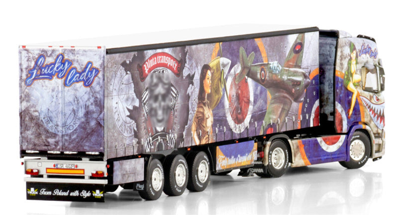 WSI SCANIA R HIGHLINE CR20H 4X2 CURTAINSIDE TRAILER - 3 AXLE PLUTA transport 1:50 Model
