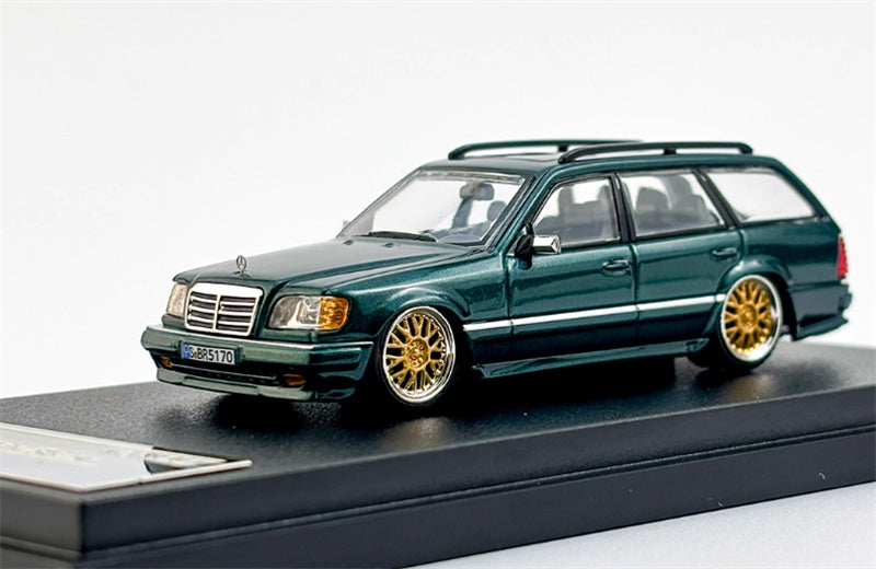 Mortal Mercedes Benz E-Class E300 station wagon S124 with 2 bicycles and luggage rack Green - Golden Wheel low slung version Limited Edition 499PCS ONLY 1:64 Car Pre-built Model view5
