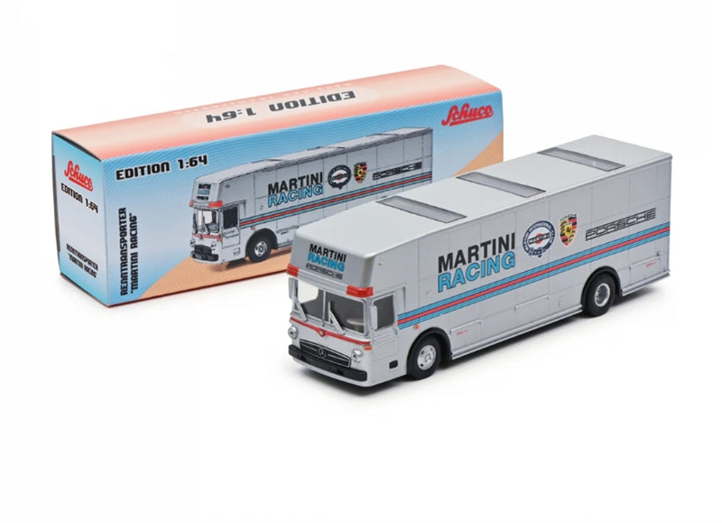 Schuco Mercedes Benz O317 Race Car Transporter Team Porsche Martini Racing silver 1971 1:64 Truck Pre-built Model