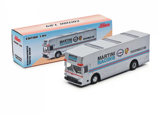 Schuco Mercedes Benz O317 Race Car Transporter Team Porsche Martini Racing silver 1971 1:64 Truck Pre-built Model