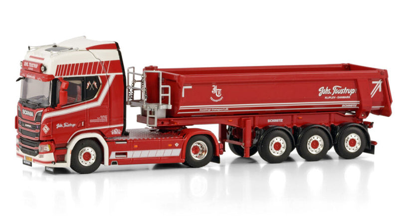 WSI SCANIA R HIGHLINE CR20H 4X2 HALF PIPE TRAILER - 3 AXLE Johs. Toustrup 1:50 Truck Pre-built Model