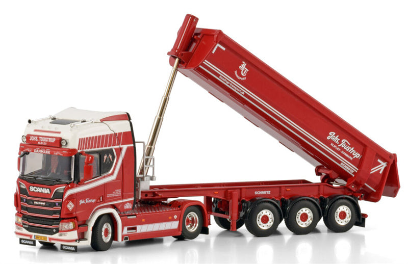 WSI SCANIA R HIGHLINE CR20H 4X2 HALF PIPE TRAILER - 3 AXLE Johs. Toustrup 1:50 Truck Pre-built Model