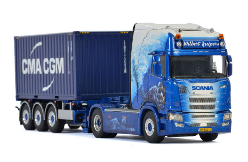 WSI SCANIA R HIGHLINE CR20H 4x2 CONTAINER TRAILER - 3 AXLE + 20 FT CONTAINER (Comes with 1 x 20 FT container, container can vary from the picture) CMA CGM 1:50 Truck Pre-built Model