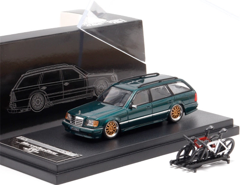 Mortal Mercedes Benz E-Class E300 station wagon S124 with 2 bicycles and luggage rack Green - Golden Wheel low slung version Limited Edition 499PCS ONLY 1:64 Car Pre-built Model view6