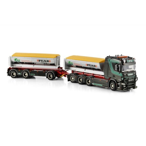 1:50 SCANIA BYE PEAB ASFALT R 8X4 HOOKLIFT CONTAINER DRAWBAR TRAILER 3 AXLE + ASPHALT CONTAINER WSI Diecast Model