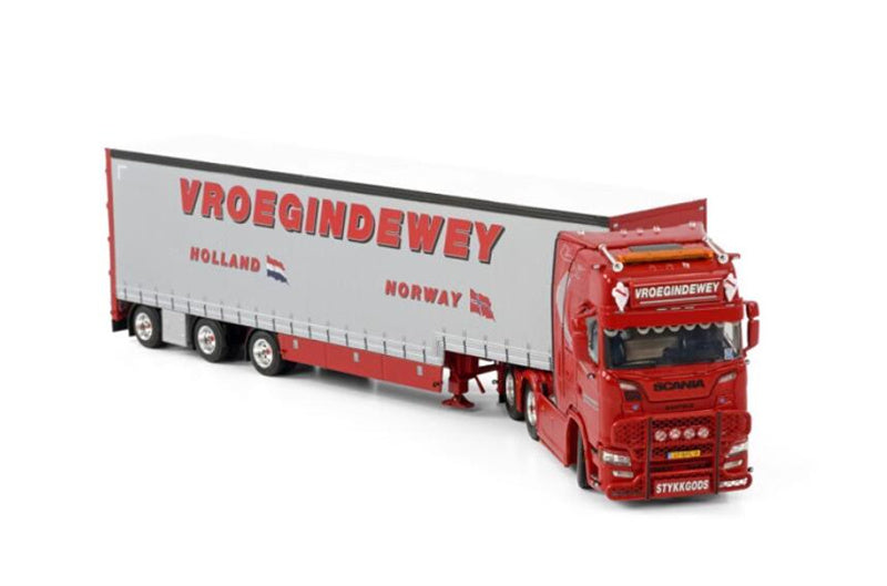 WSI SCANIA S HIGHLINE CS20H 6X2 TAG AXLE BOX TRAILER SEMI - 3 AXLE    VROEGINDEWEY 1:50 Truck Pre-built Model