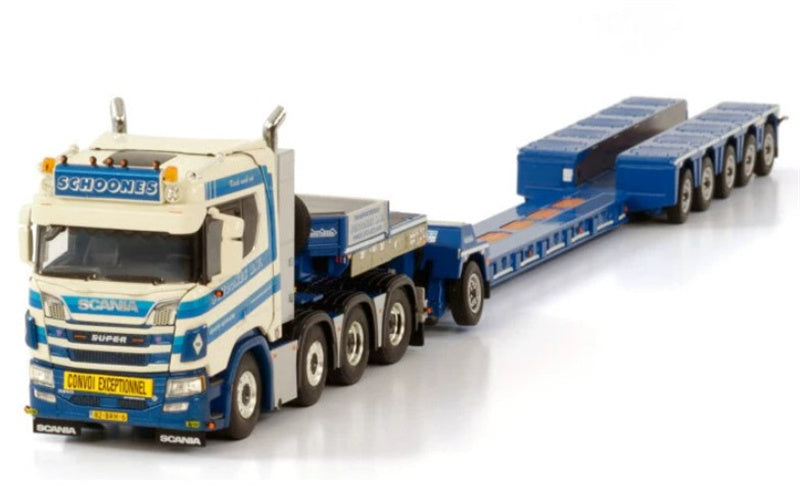 WSI SCANIA R NORMAL CR20N 8X4 LOW LOADER PENDEL X - 5 AXLE + DOLLY - 1 AXLE SCHOONES B.V. 1:50 DIECAST Truck Lorry