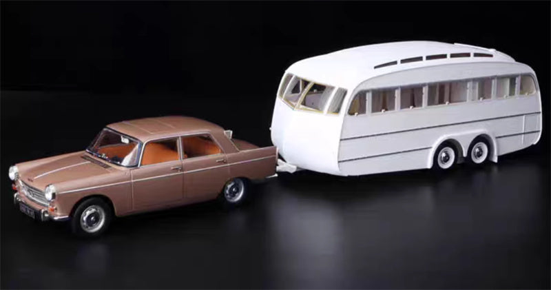 NOREV Peugeot 404 1965 brown Car with White camping trailer 1:18 Car Pre-built Model view1