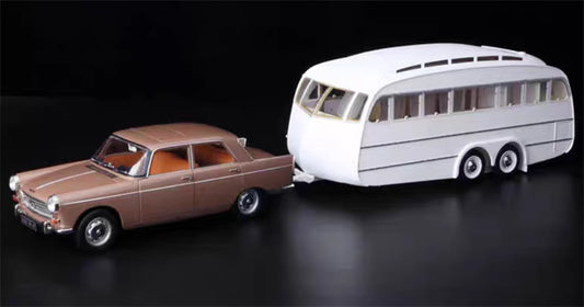 NOREV Peugeot 404 1965 brown Car with White camping trailer 1:18 Car Pre-built Model view1