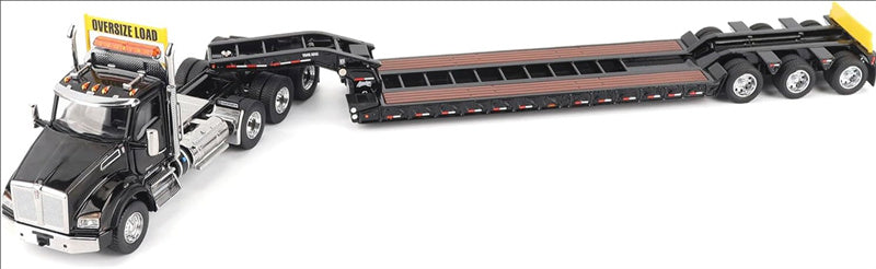 CATERPILLAR Kenworth T880 SBFA Daycab Tridem Tractor in Black with Trail King TK120 HDG Lowboy Trailer 1:50 Truck Pre-built Model
