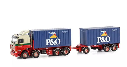 WSI SCANIA 3 SERIES 8X2 TAG AXLE RIGED DRAWBAR CONTAINER COMBI - 7 AXLE + 2X 20FT CONTAINER FA. JAC. FIJAN & ZN. 1:50  DIECAST Truck Lorry