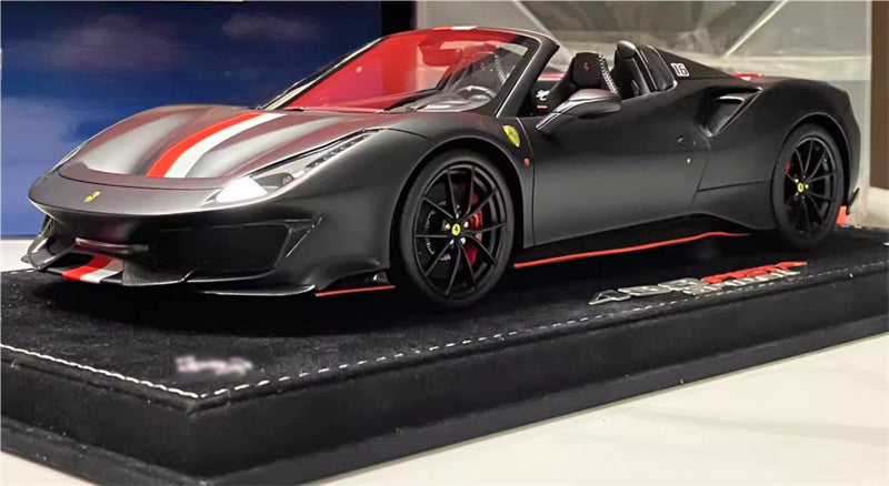 BBR MODELS Ferrari 488 Pista Spider Leclerc Convertible Matt Black Red and white decal # 16 black wheels red calipers Limited Edition 1:18 Car Pre-built Model view1