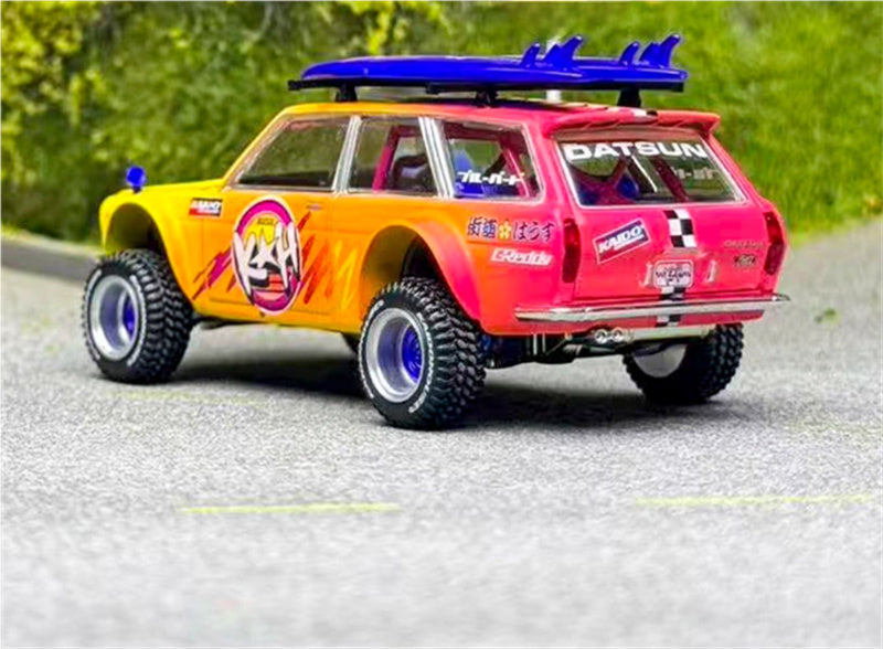 KaidoHouse x MiniGT Datsun Kaido 510 Wagon 4x4 Kaido ISLANDS V1 orange-yellow color box packaging 1:64 Car Pre-built Model view2
