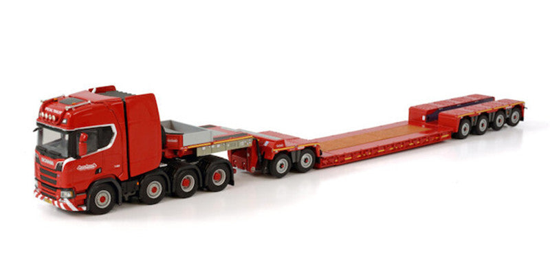 WSI SCANIA R HIGHLINE CR20H 8X4 LOWLOADER - 4 AXLE + DOLLY - 2 AXLE NOOTEBOOM RED LINE 1/50 DIECAST Truck